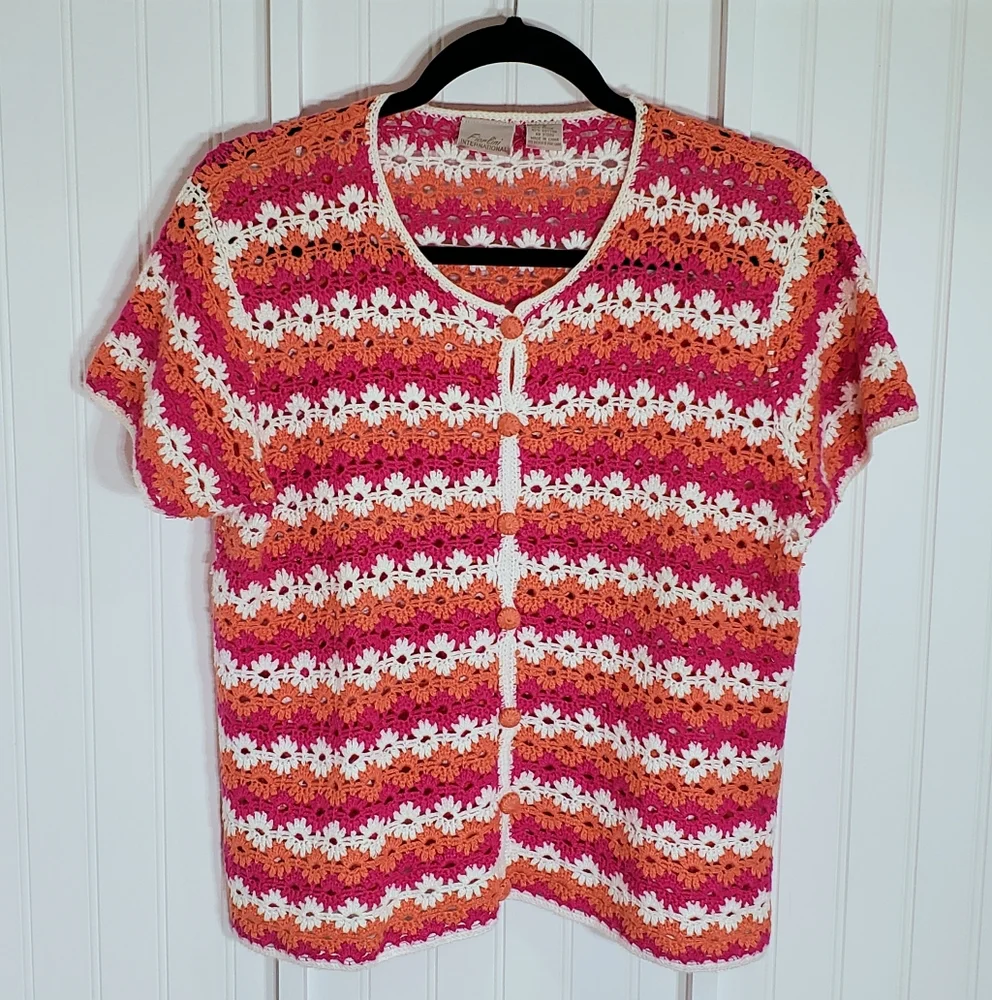 Crochet Button-Down Short Sleeve Shirt - Pink, Orange & White